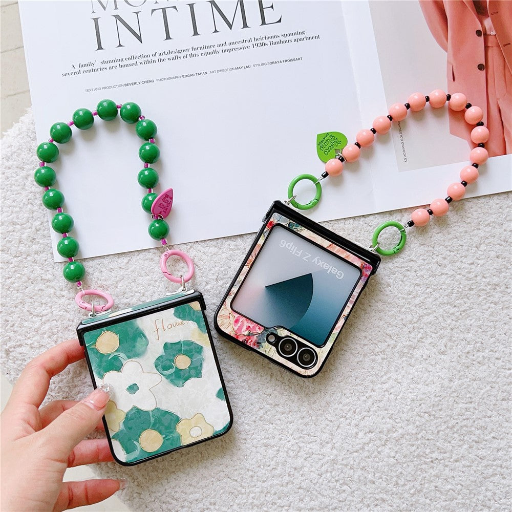 For Samsung Galaxy Z Flip7 FE 5G / Z Flip6 5G Case Floral Pattern PU + PC Protective Phone Cover with Strap - Green Flower