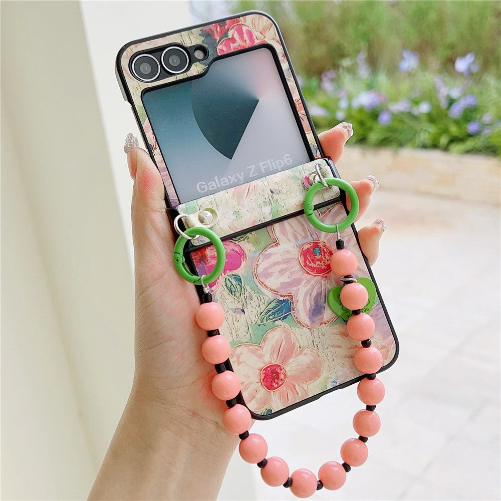 For Samsung Galaxy Z Flip7 FE 5G / Z Flip6 5G Case Floral Pattern PU + PC Protective Phone Cover with Strap - Pink Flower