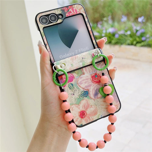 For Samsung Galaxy Z Flip7 FE 5G / Z Flip6 5G Case Floral Pattern PU + PC Protective Phone Cover with Strap - Pink Flower
