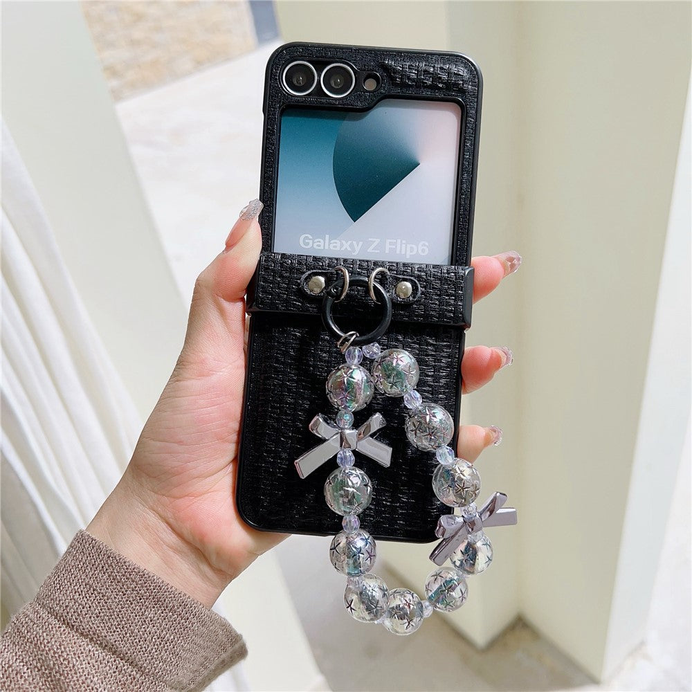 For Samsung Galaxy Z Flip7 FE 5G / Z Flip6 5G Case Silk Texture Luxury Style PU Leather + PC Phone Cover with Butterfly Bow Strap - Black
