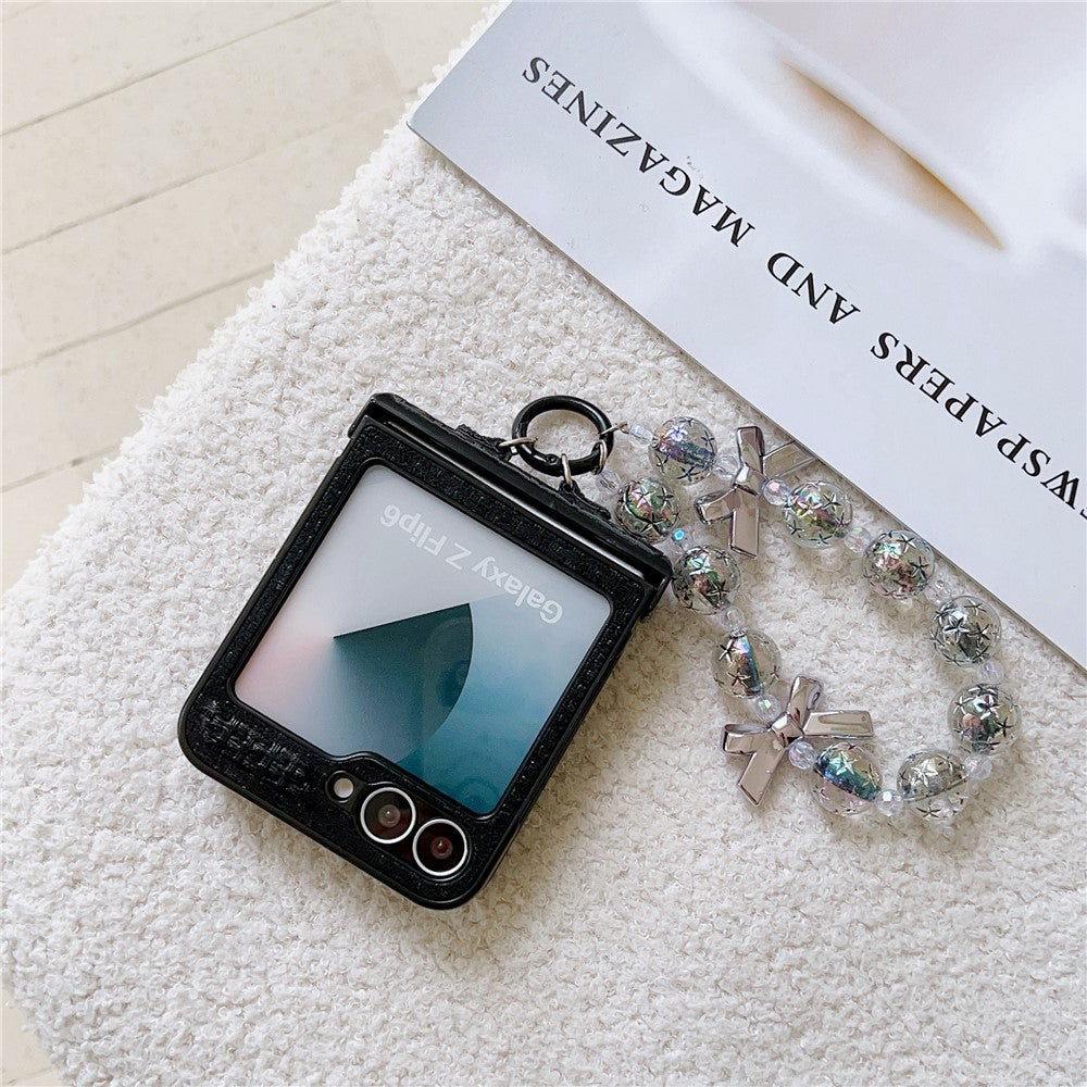 For Samsung Galaxy Z Flip7 FE 5G / Z Flip6 5G Case Silk Texture Luxury Style PU Leather + PC Phone Cover with Butterfly Bow Strap - Black