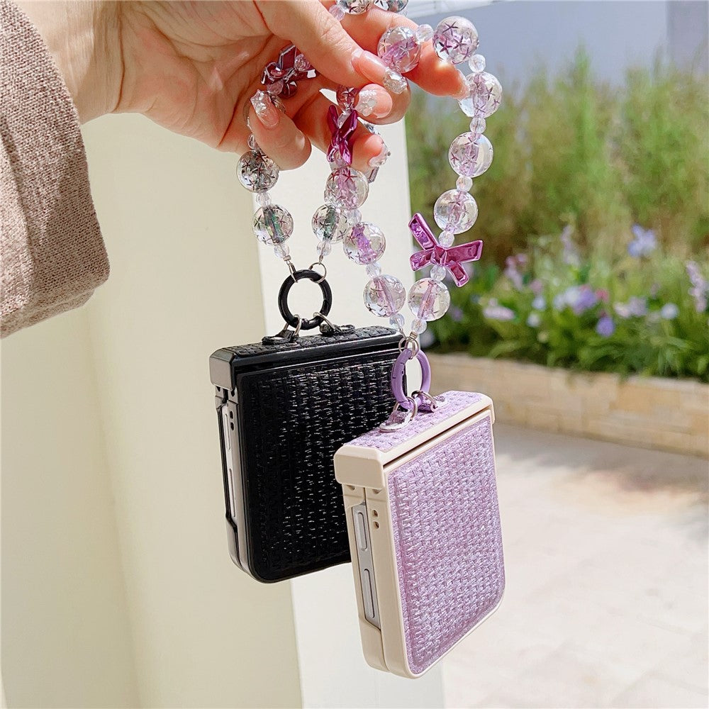 For Samsung Galaxy Z Flip7 FE 5G / Z Flip6 5G Case Silk Texture Luxury Style PU Leather + PC Phone Cover with Butterfly Bow Strap - Black