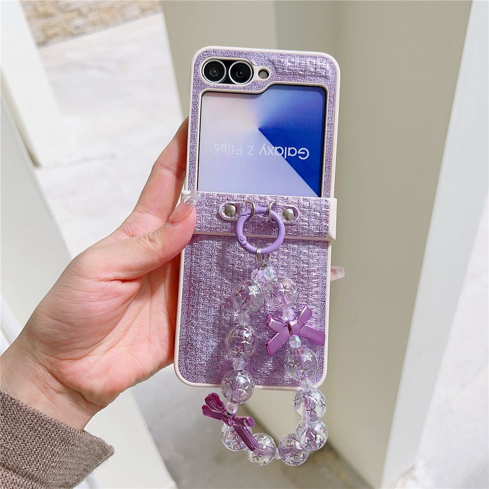 For Samsung Galaxy Z Flip7 FE 5G / Z Flip6 5G Case Silk Texture Luxury Style PU Leather + PC Phone Cover with Butterfly Bow Strap - Purple