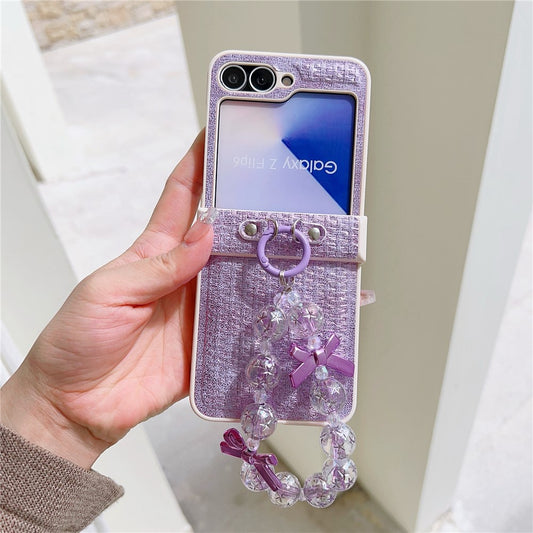 For Samsung Galaxy Z Flip7 FE 5G / Z Flip6 5G Case Silk Texture Luxury Style PU Leather + PC Phone Cover with Butterfly Bow Strap - Purple