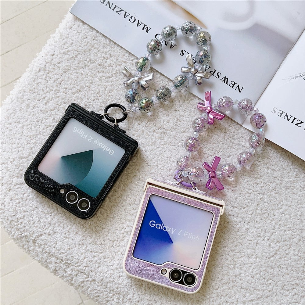 For Samsung Galaxy Z Flip7 FE 5G / Z Flip6 5G Case Silk Texture Luxury Style PU Leather + PC Phone Cover with Butterfly Bow Strap - Purple