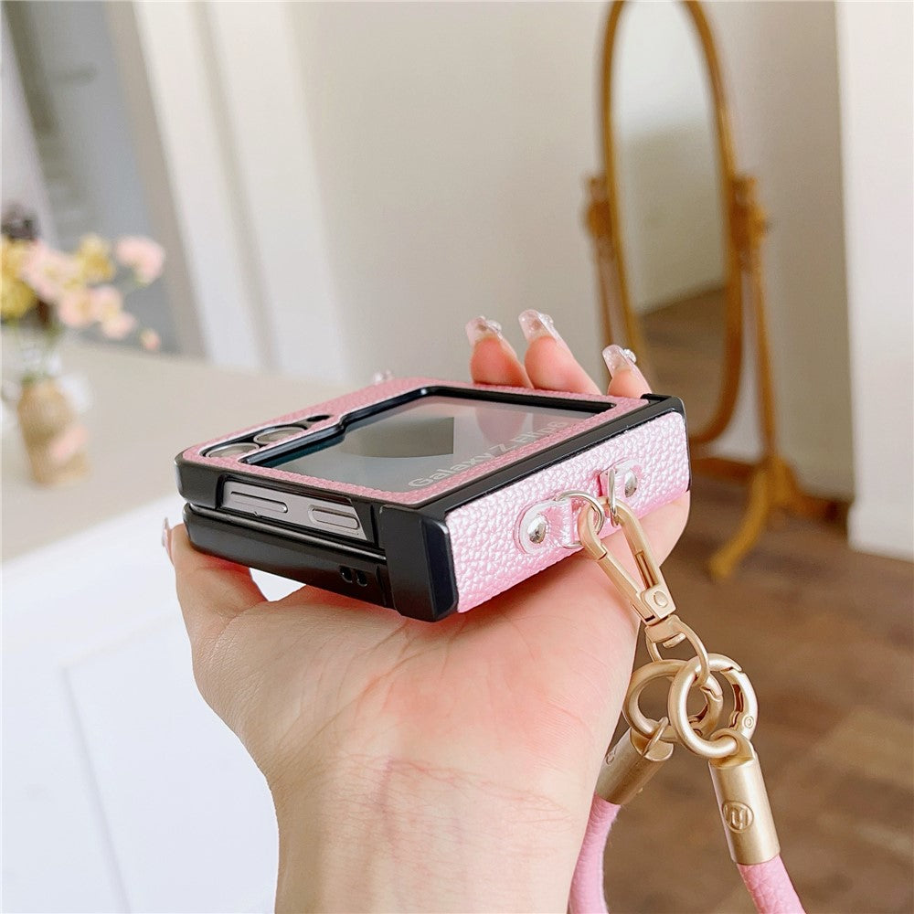 For Samsung Galaxy Z Flip7 FE 5G / Z Flip6 5G Case Litchi Texture PU + PC Phone Back Cover with Strap - Pink