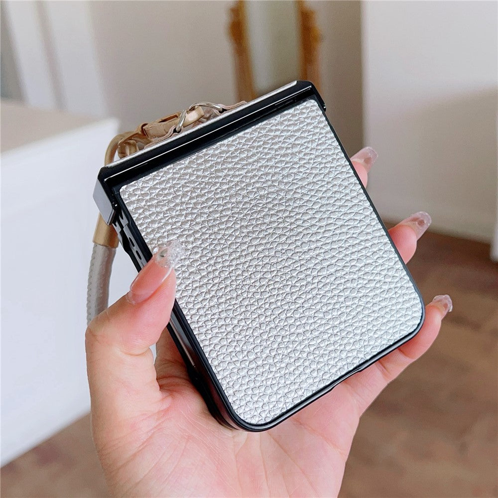 For Samsung Galaxy Z Flip7 FE 5G / Z Flip6 5G Case Litchi Texture PU + PC Phone Back Cover with Strap - Pink