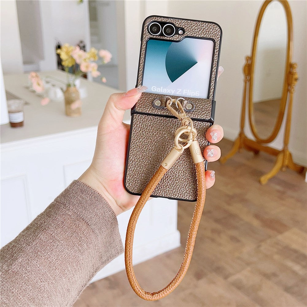 For Samsung Galaxy Z Flip7 FE 5G / Z Flip6 5G Case Litchi Texture PU + PC Phone Back Cover with Strap - Brown