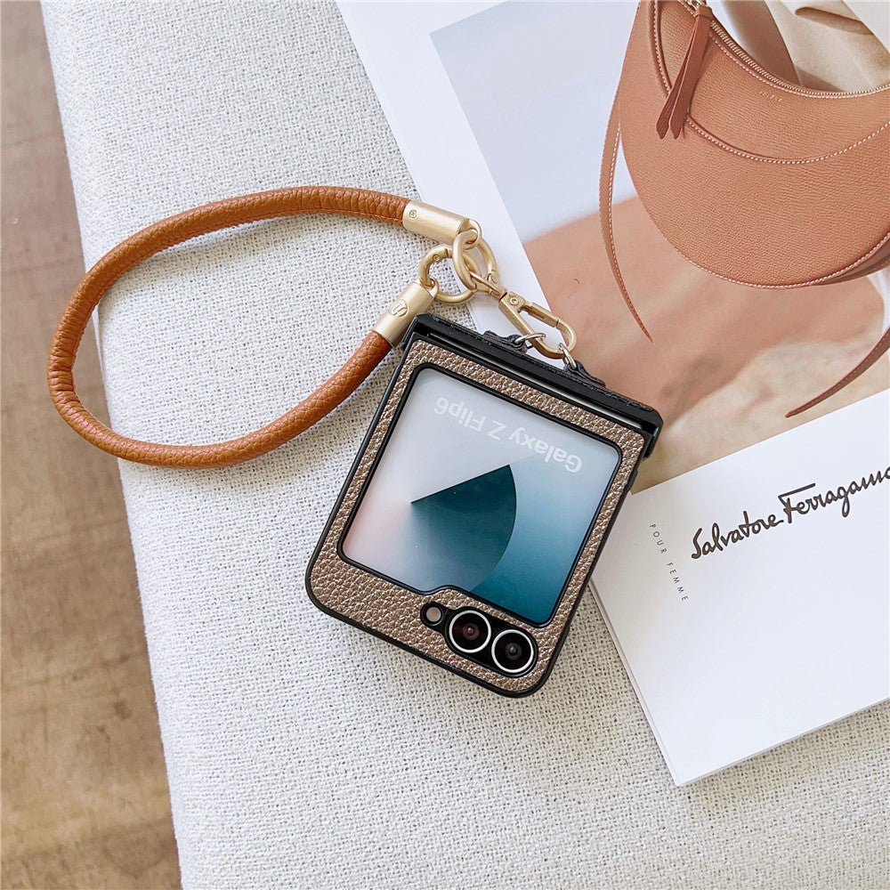 For Samsung Galaxy Z Flip7 FE 5G / Z Flip6 5G Case Litchi Texture PU + PC Phone Back Cover with Strap - Brown
