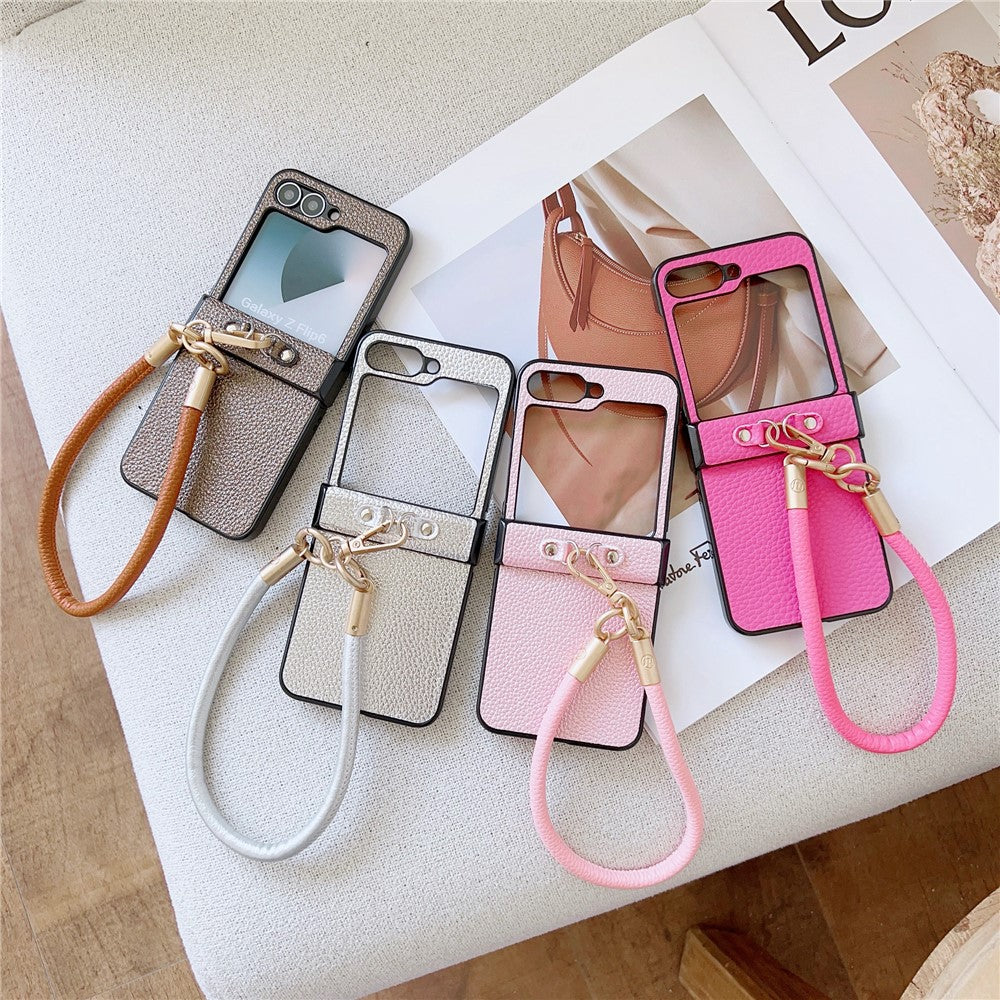 For Samsung Galaxy Z Flip7 FE 5G / Z Flip6 5G Case Litchi Texture PU + PC Phone Back Cover with Strap - Brown