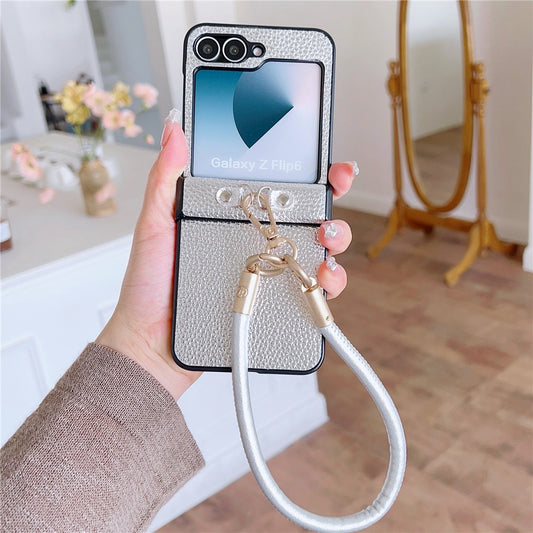 For Samsung Galaxy Z Flip7 FE 5G / Z Flip6 5G Case Litchi Texture PU + PC Phone Back Cover with Strap - Silver
