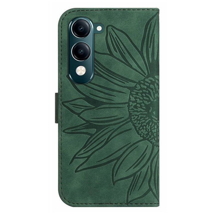 For vivo Y04 4G / Y29s 5G Case Sunflower Imprint Leather Wallet Phone Cover with Wrist Strap - Dark Green