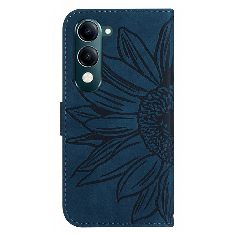 For vivo Y04 4G / Y29s 5G Case Sunflower Imprint Leather Wallet Phone Cover with Wrist Strap - Dark Blue
