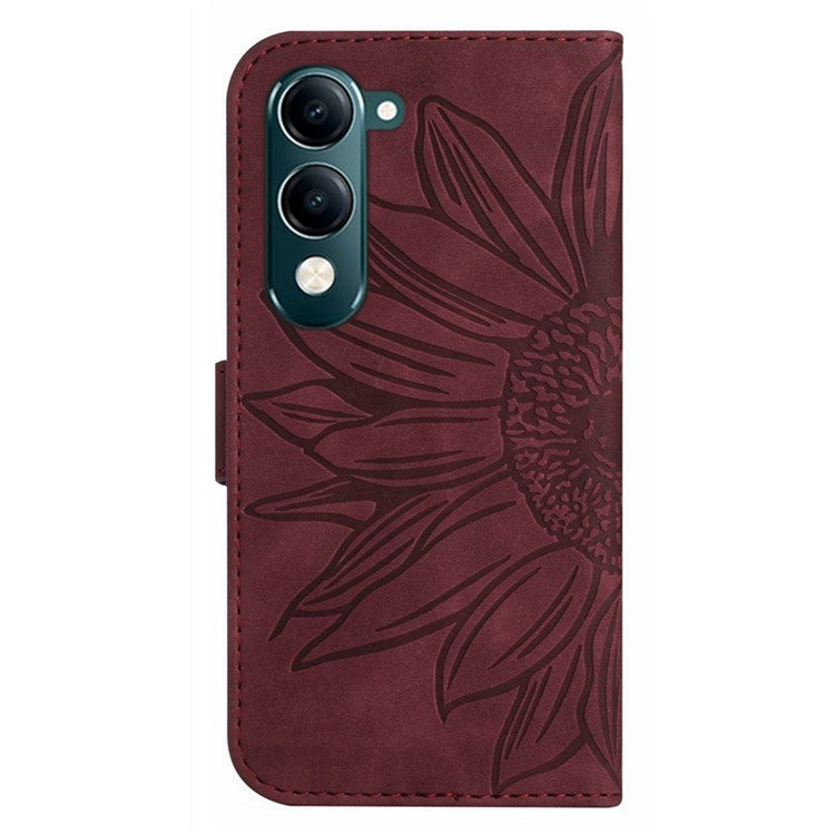 For vivo Y04 4G / Y29s 5G Case Sunflower Imprint Leather Wallet Phone Cover with Wrist Strap - Wine Red