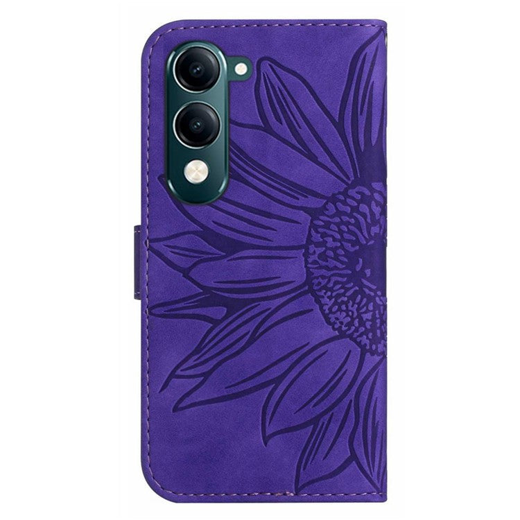 For vivo Y04 4G / Y29s 5G Case Sunflower Imprint Leather Wallet Phone Cover with Wrist Strap - Dark Purple