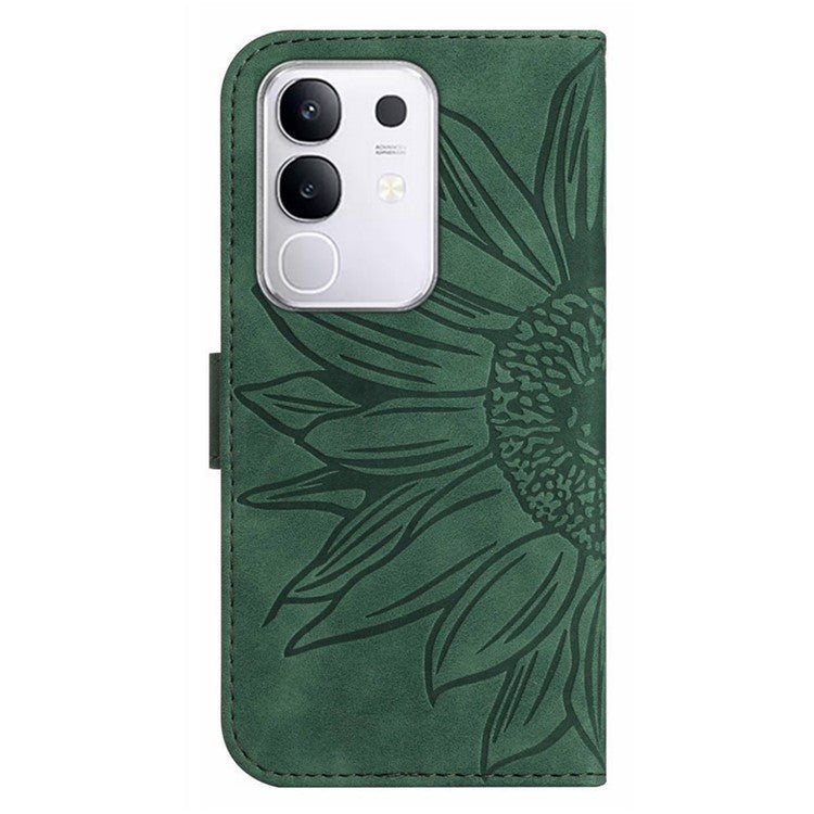 For vivo Y29 4G Case Sunflower Imprint Leather Wallet Phone Cover with Wrist Strap - Dark Green