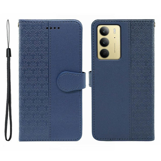For Realme C75 Case Anti Scratch Splicing Imprinted Rhombus Leather Phone Cover - Blue