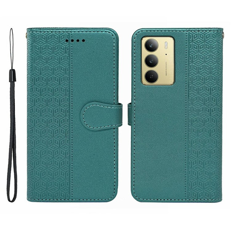 For Realme C75 Case Anti Scratch Splicing Imprinted Rhombus Leather Phone Cover - Green