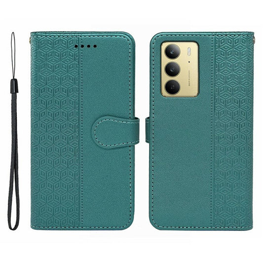 For Realme C75 Case Anti Scratch Splicing Imprinted Rhombus Leather Phone Cover - Green