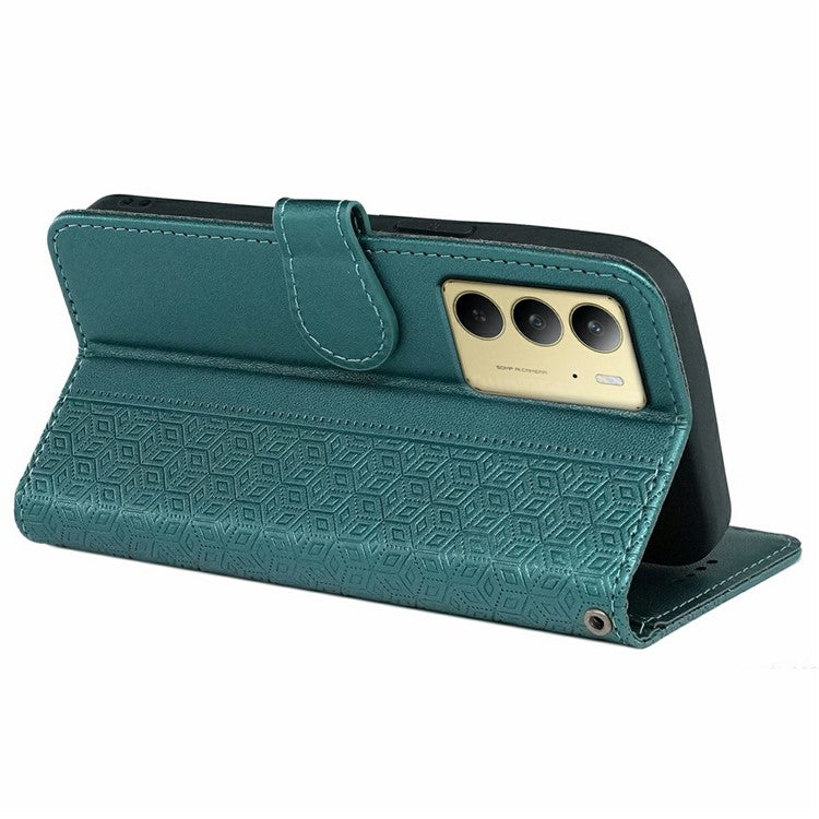 For Realme C75 Case Anti Scratch Splicing Imprinted Rhombus Leather Phone Cover - Green