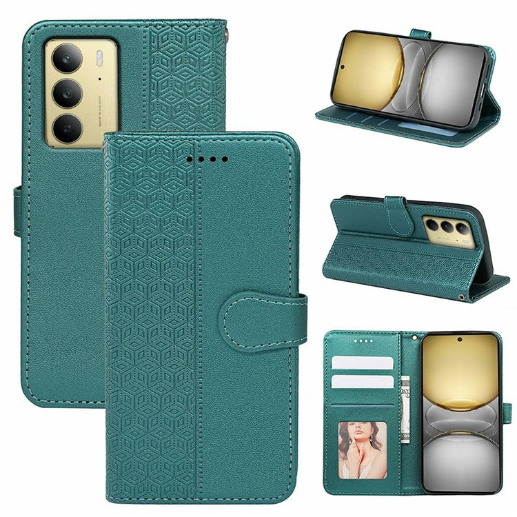 For Realme C75 Case Anti Scratch Splicing Imprinted Rhombus Leather Phone Cover - Green