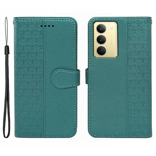 For Realme V60 Pro 5G / 14x 5G Case Anti Scratch Splicing Imprinted Rhombus Leather Phone Cover - Green