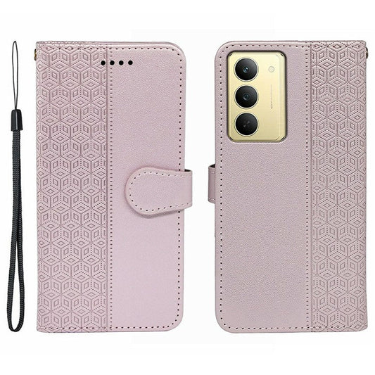 For Realme V60 Pro 5G / 14x 5G Case Anti Scratch Splicing Imprinted Rhombus Leather Phone Cover - Rose Gold