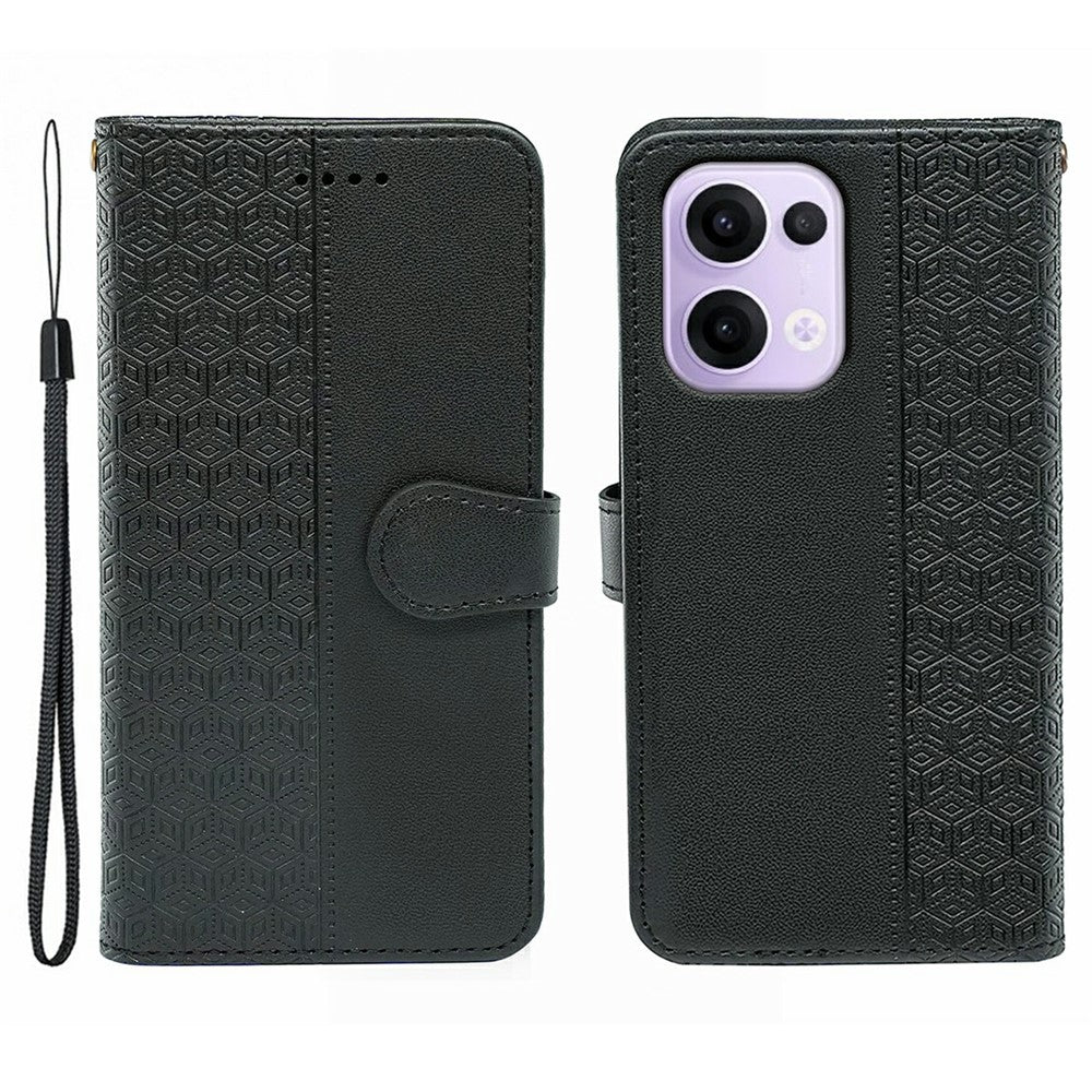 For Oppo Reno13 5G (Global) Case Anti Scratch Splicing Imprinted Rhombus Leather Phone Cover - Black