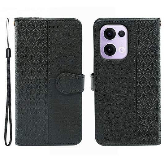 For Oppo Reno13 5G (Global) Case Anti Scratch Splicing Imprinted Rhombus Leather Phone Cover - Black