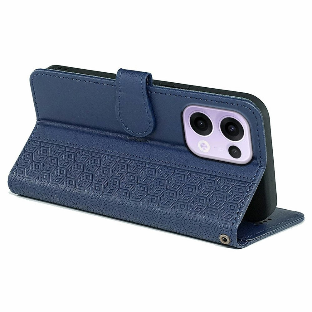 For Oppo Reno13 5G (Global) Case Anti Scratch Splicing Imprinted Rhombus Leather Phone Cover - Blue