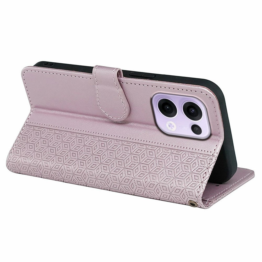 For Oppo Reno13 5G (Global) Case Anti Scratch Splicing Imprinted Rhombus Leather Phone Cover - Rose Gold