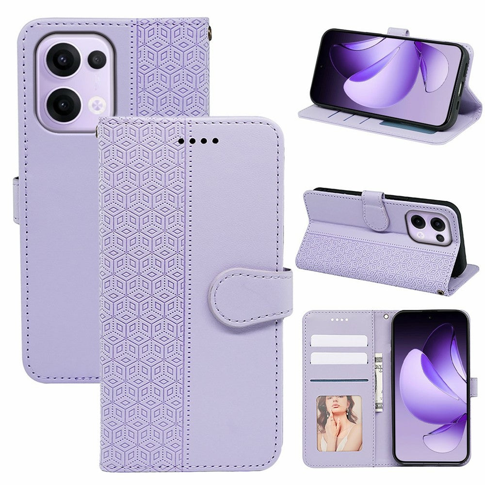 For Oppo Reno13 5G (Global) Case Anti Scratch Splicing Imprinted Rhombus Leather Phone Cover - Purple