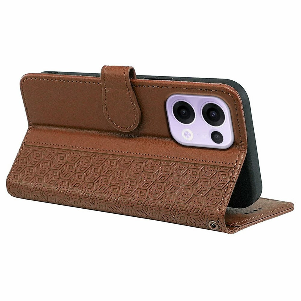 For Oppo Reno13 5G (Global) Case Anti Scratch Splicing Imprinted Rhombus Leather Phone Cover - Brown