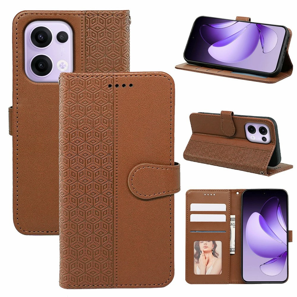 For Oppo Reno13 5G (Global) Case Anti Scratch Splicing Imprinted Rhombus Leather Phone Cover - Brown