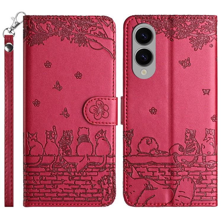 For Samsung Galaxy S25 Edge Case with Wrist Strap Leather Phone Cover Wall Cats Pattern - Red