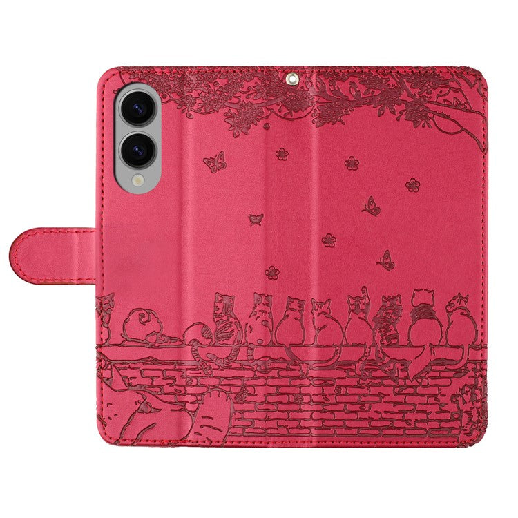 For Samsung Galaxy S25 Edge Case with Wrist Strap Leather Phone Cover Wall Cats Pattern - Red