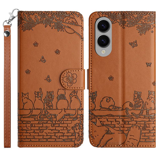For Samsung Galaxy S25 Edge Case with Wrist Strap Leather Phone Cover Wall Cats Pattern - Brown