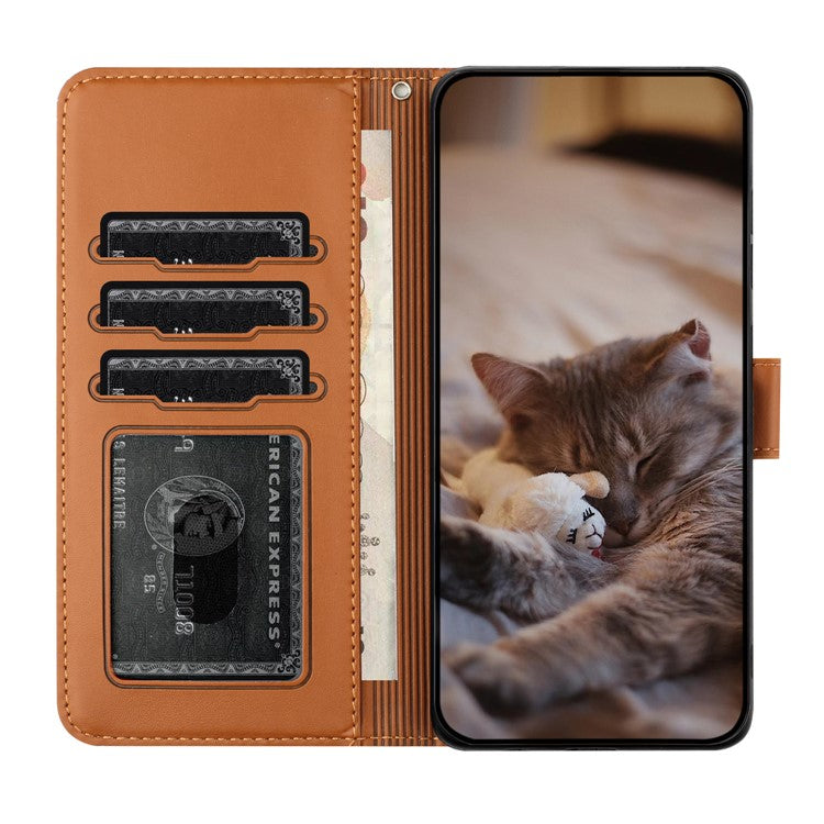 For Samsung Galaxy S25 Edge Case with Wrist Strap Leather Phone Cover Wall Cats Pattern - Brown