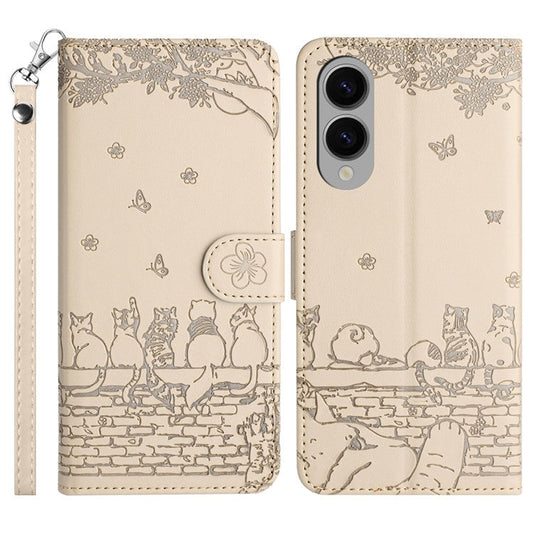 For Samsung Galaxy S25 Edge Case with Wrist Strap Leather Phone Cover Wall Cats Pattern - Apricot