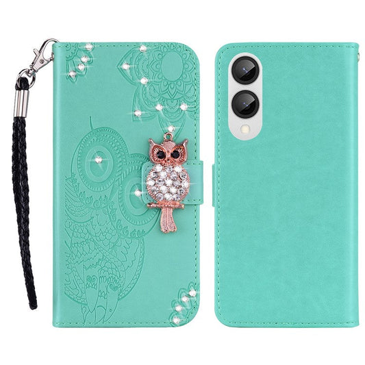 For Samsung Galaxy S25 Edge Wallet Case Owl Flower Imprinted Rhinestone Leather Cover - Cyan