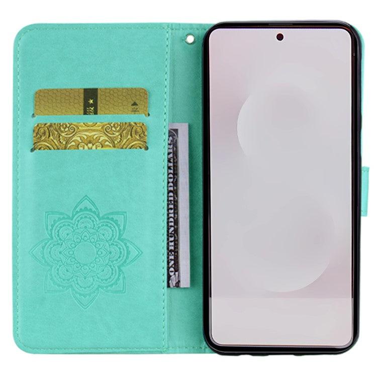 For Samsung Galaxy S25 Edge Wallet Case Owl Flower Imprinted Rhinestone Leather Cover - Cyan