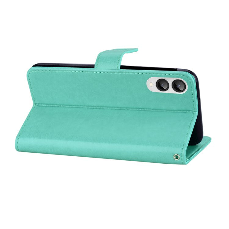 For Samsung Galaxy S25 Edge Wallet Case Owl Flower Imprinted Rhinestone Leather Cover - Cyan