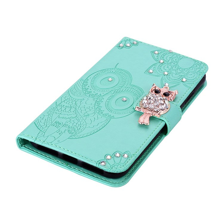 For Samsung Galaxy S25 Edge Wallet Case Owl Flower Imprinted Rhinestone Leather Cover - Cyan