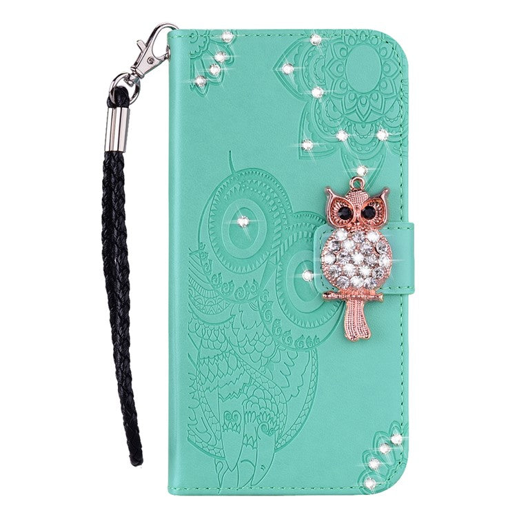 For Samsung Galaxy S25 Edge Wallet Case Owl Flower Imprinted Rhinestone Leather Cover - Cyan