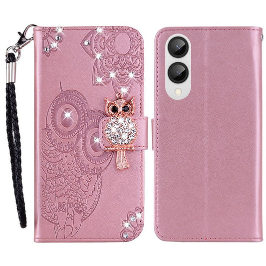 For Samsung Galaxy S25 Edge Wallet Case Owl Flower Imprinted Rhinestone Leather Cover - Rose Gold