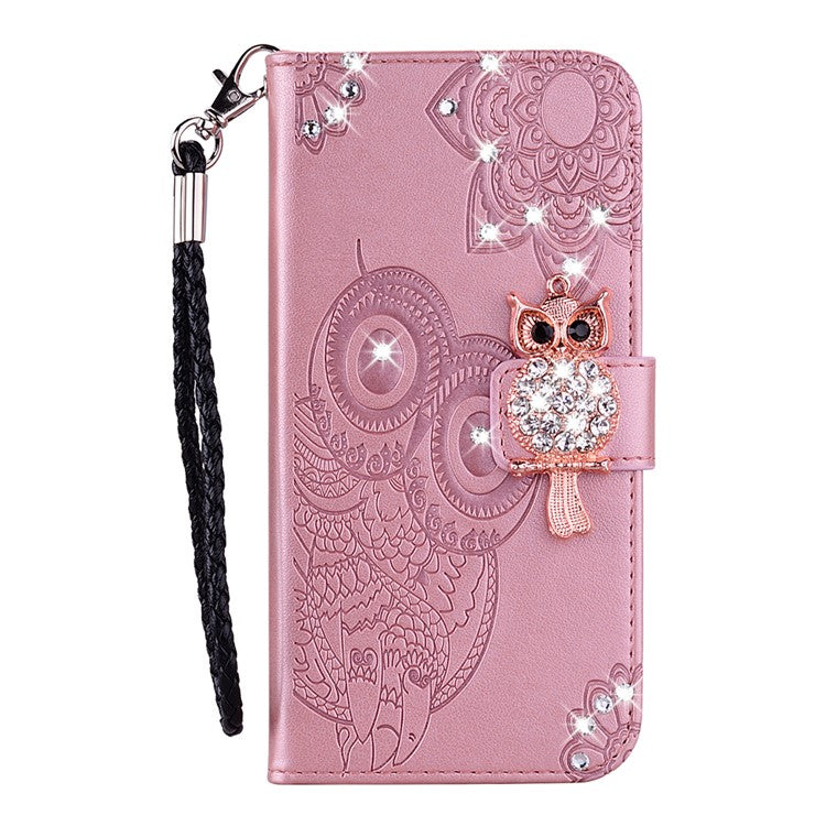 For Samsung Galaxy S25 Edge Wallet Case Owl Flower Imprinted Rhinestone Leather Cover - Rose Gold