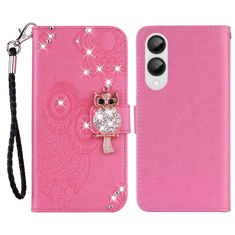 For Samsung Galaxy S25 Edge Wallet Case Owl Flower Imprinted Rhinestone Leather Cover - Rose