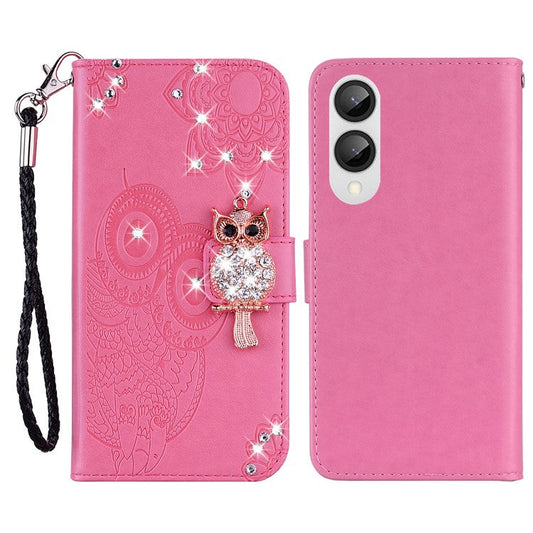 For Samsung Galaxy S25 Edge Wallet Case Owl Flower Imprinted Rhinestone Leather Cover - Rose