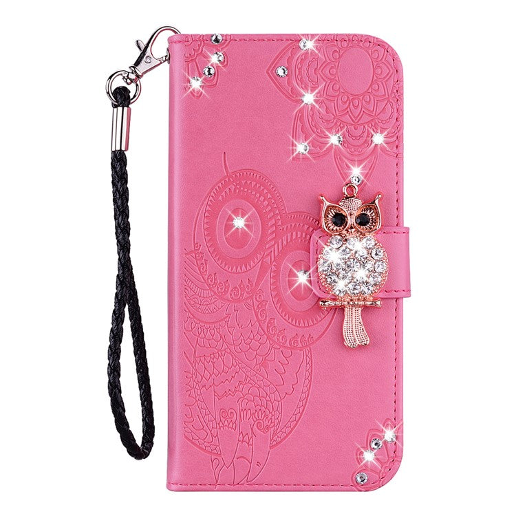 For Samsung Galaxy S25 Edge Wallet Case Owl Flower Imprinted Rhinestone Leather Cover - Rose