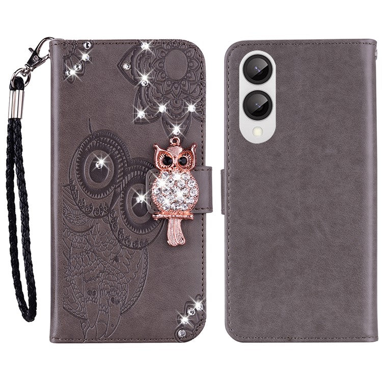 For Samsung Galaxy S25 Edge Wallet Case Owl Flower Imprinted Rhinestone Leather Cover - Grey